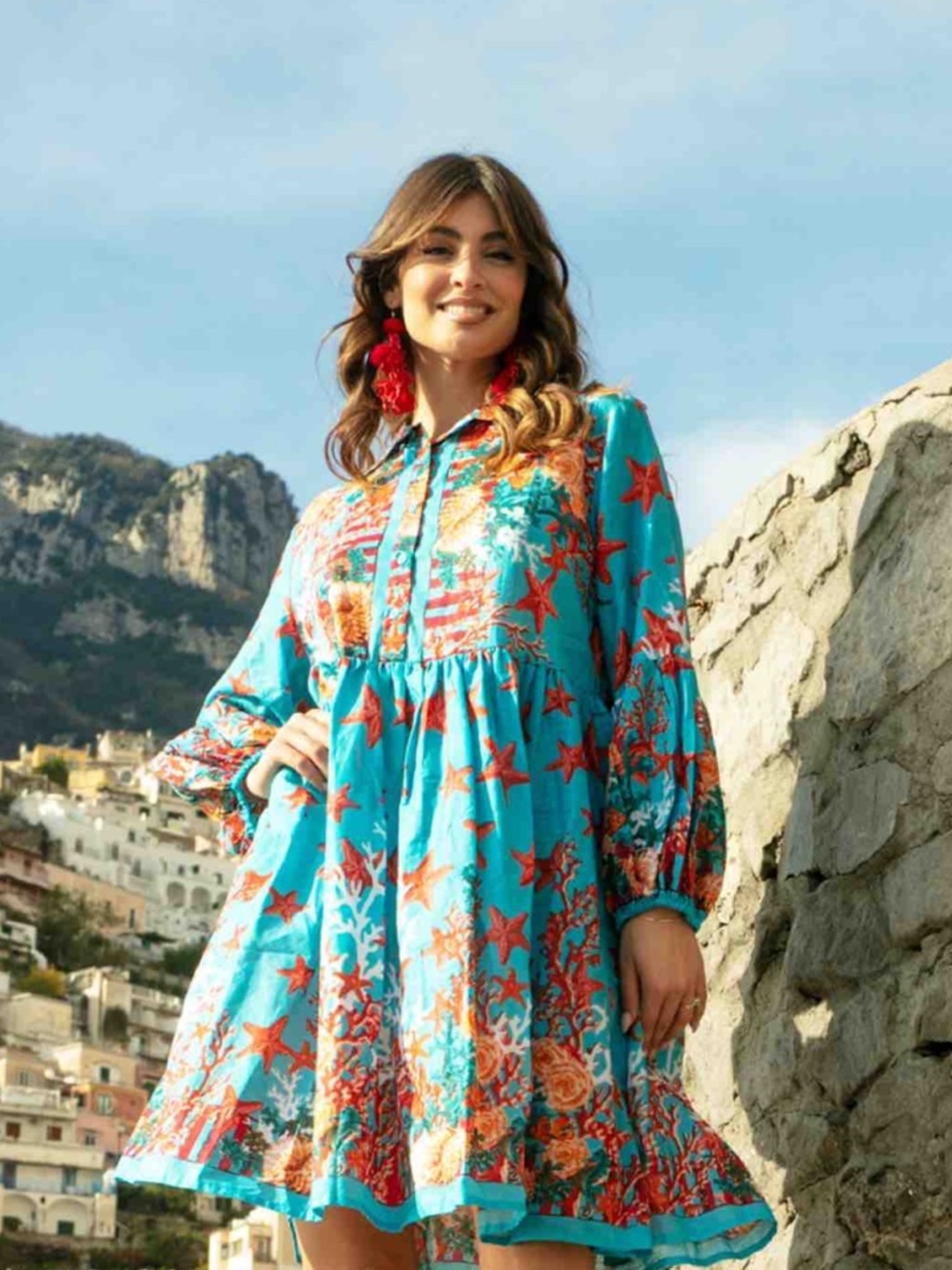 Antica Sartoria 2026 Turquoise Floral & Star Print Babydoll Dress NWT S/M
